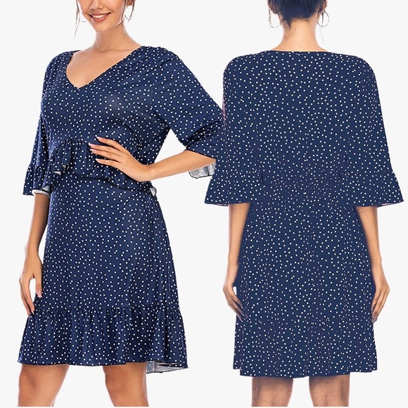 NWT Blue and White Polka Dot Ruffle Dress Women Size Small - Picture 3 of 14